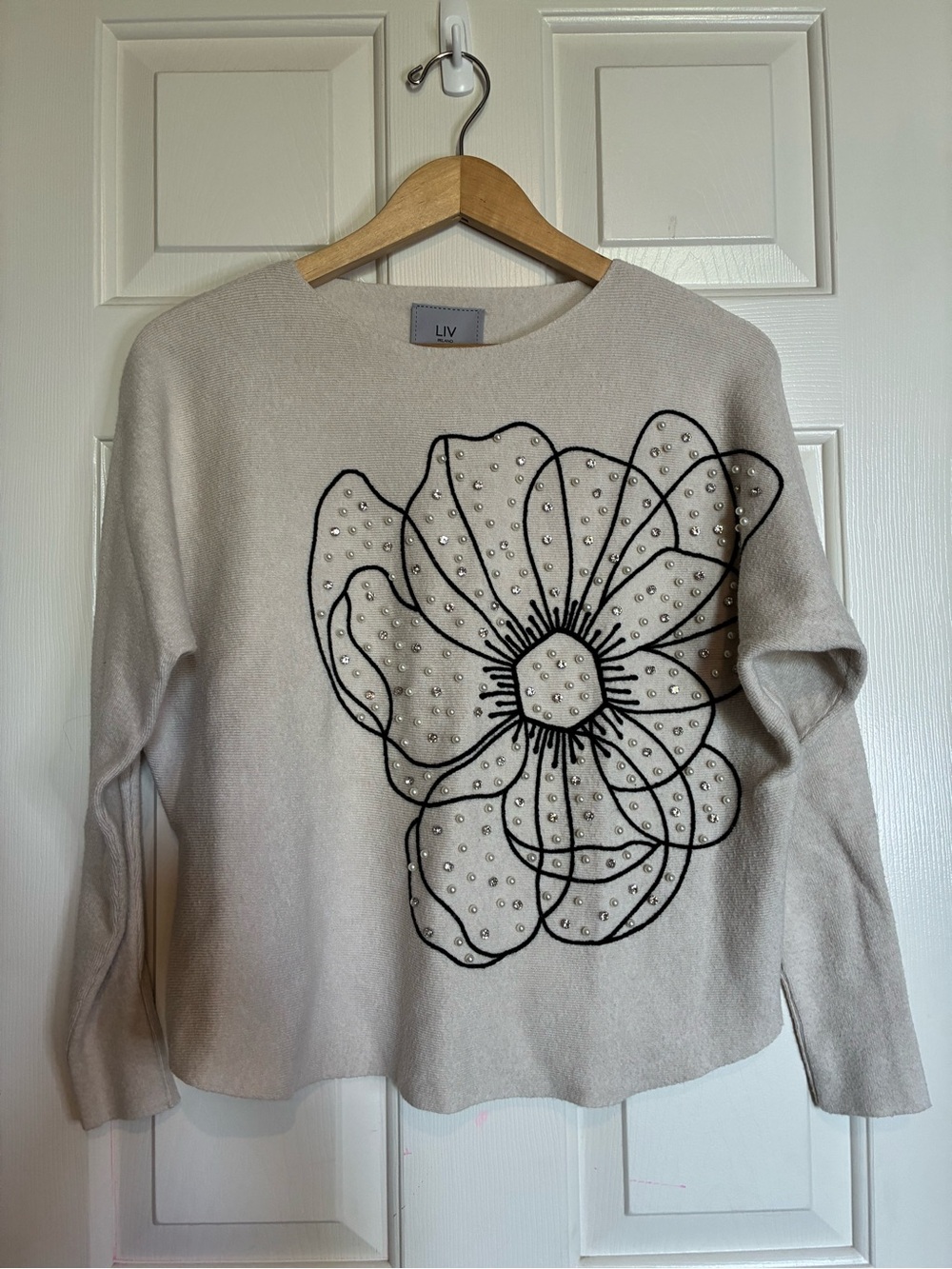 Milano Cream Crewneck Sweater with Black Floral Outline & Pearl Details
